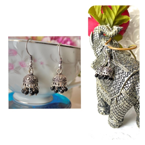 Black Onyx S925 Jhumki Earrings in Bell Umbrella shape hand crafted by Artisans - Picture 1 of 4